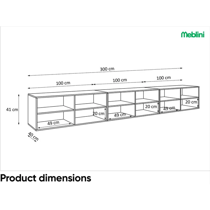 MEBLINI TV-Schrank 300cm Lang - Fernsehschrank - TV Lowboard Industrial - Unterschrank für Fernseher - TV-Unterschrank - TV-Schrank - Hängeschrank - NOEMI - 300x40x41cm - Artisan Eiche/Catania Eiche – Bild 6
