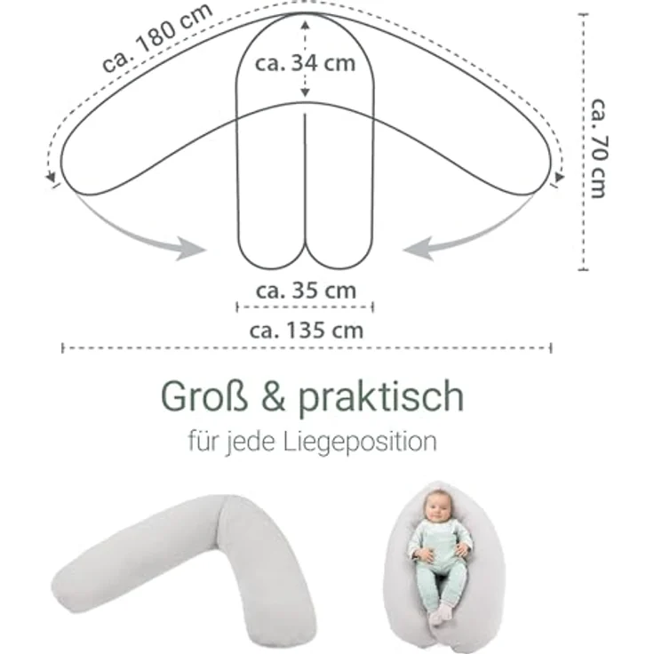 Theraline Dodo Premium Stillkissen, flexibles Lagerungs- und Stillkissen mit feiner Perlen-Füllung, 180 cm, Musselin Bezug in Nebelgrau – Bild 7