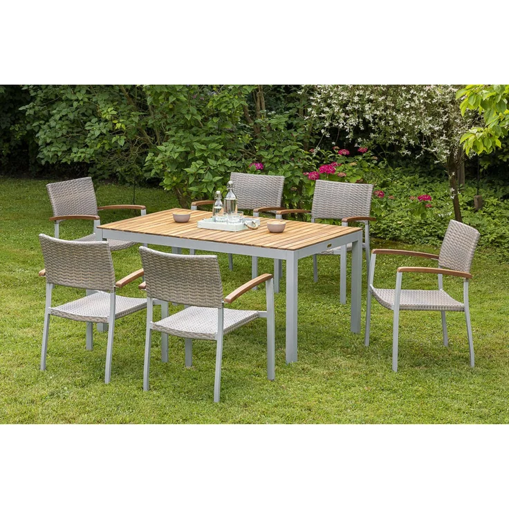 Gardenson Gartentisch Naxos, rechteckig, 150x90 cm, aus Akazie und pulverbeschichtetem Aluminium, Silber, FSC-zertifiziert
