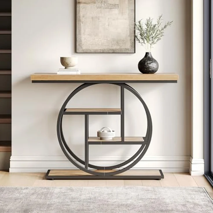 LITTLE TREE Konsolentisch, 4-stöckiger Eingangstisch hinter dem Couchtisch, 104 cm Bauernhaus-Sofatisch für Wohnzimmer, Foyer, Flurtisch für Eingang, Walnuss und Schwarz – Bild 4