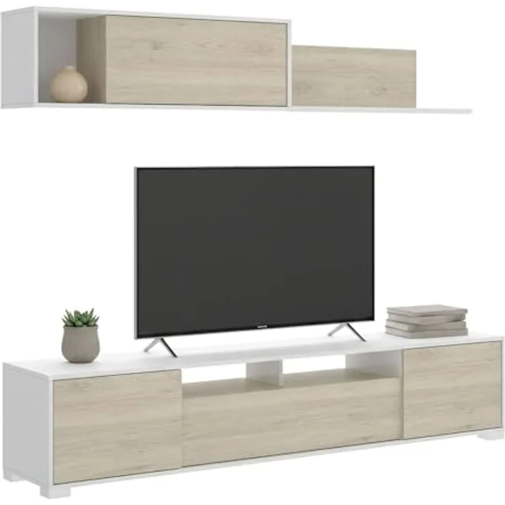 Dmora - Gruf Wandsystem, TV-Ständer-Wohnzimmerset, Mehrzweck-Wohnzimmermöbel, 200x41h180 cm, Eiche und Weiß – Bild 3