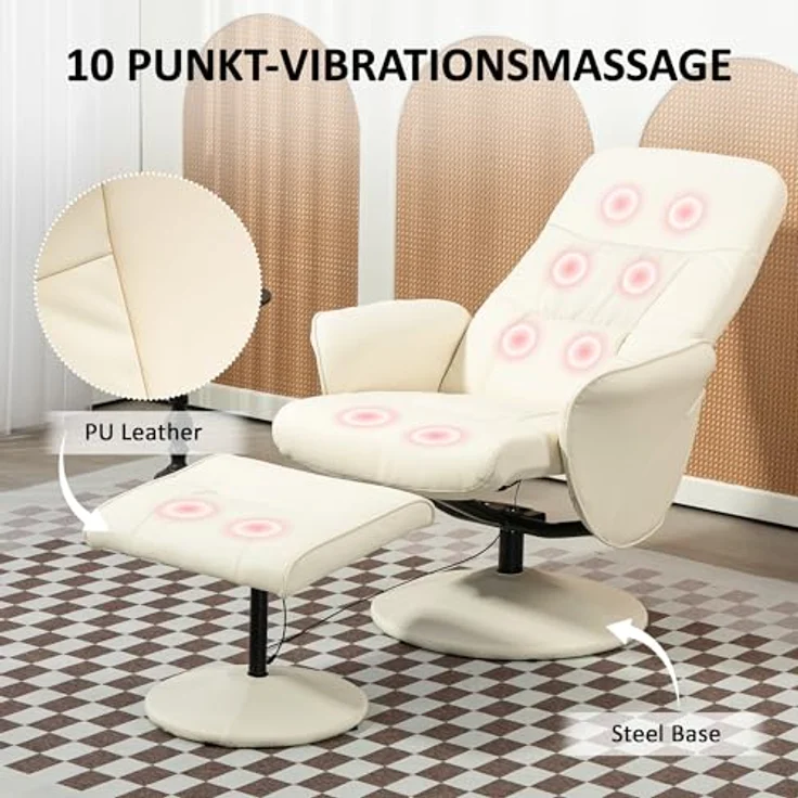 HOMCOM Massagesessel mit Fußhocker, Liegefunktion, 10 Massagepunkte (Relaxsessel, 2-St, Fernsehsessel), mit Seitentasche, Fernbedienung, Kunstleder, Cremeweiß – Bild 5