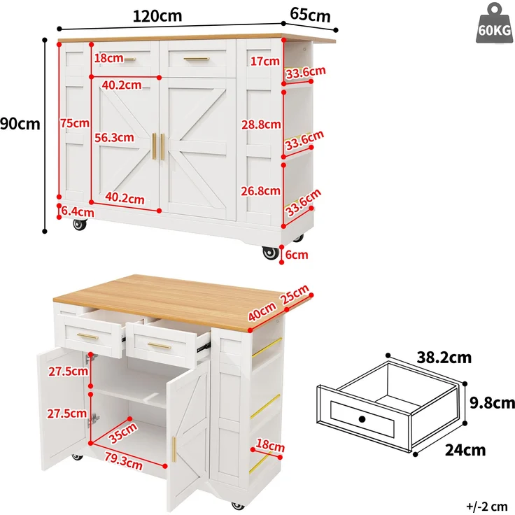 Servierwagen Kücheninsel Weiß, ausziehbar mit Schubladen & Ablage, multifunktional als Esstisch, Beistelltisch oder Küchenwagen, 90cmx120cmx40-65cm – Bild 7