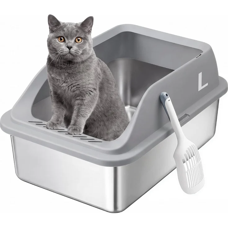 FEANDREA Edelstahl Katzenklo XXL Offen mit Hohem Rand und Spritzschutz 51 x 36 x 26 cm Taubengrau – Bild 1