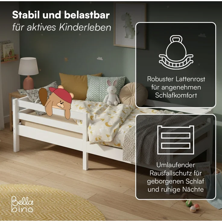 Bellabino 'Iskri' Kinderbett 90x200 cm mit Matratze, weiß, Massivholz Kiefer, Jugendbett mit Rausfallschutz und Lattenrost – Bild 5