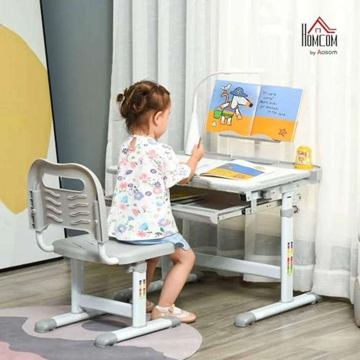 HOMCOM Kinderstuhl und Schreibtisch Set mit LED Lampe, Höhenverstellbar, Studientisch und Stuhl für Kinder, geneigte Tablett, Leseständer, Stiftebox, Schublade und Getränkehalter, Grau – Bild 2