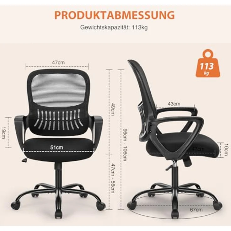 Sweetcrispy Bürostuhl Ergonomisch, Schreibtischstuhl mit Lendenwirbelstütze, Verstellbaren Armlehnen Drehstuhl, Höhenverstellbarer Office Chair, Bürostühle Geeignet für Büro und Schlafzimmer (Schwarz) – Bild 4