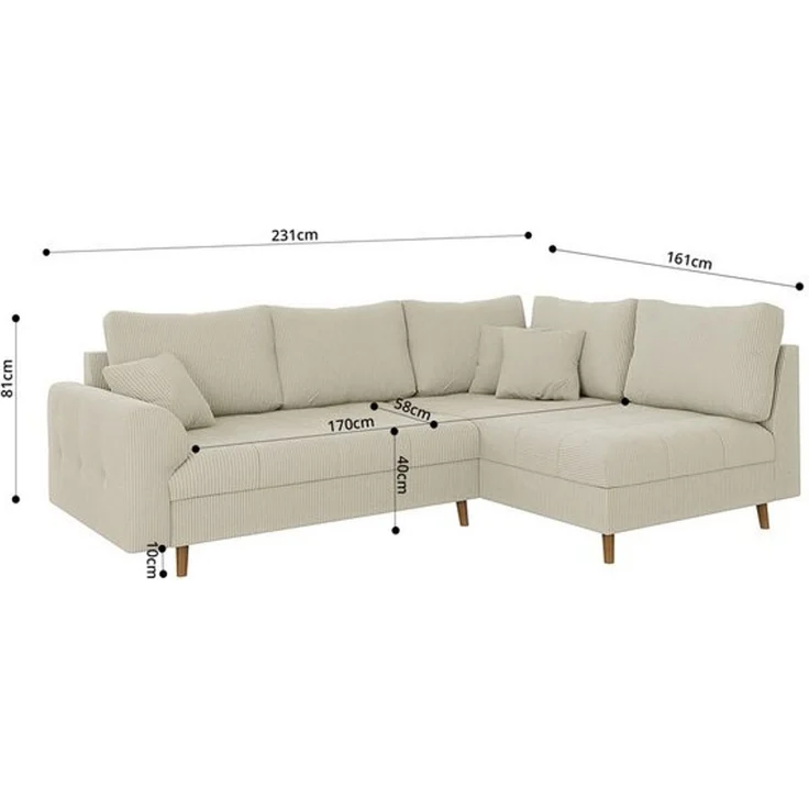 S-Style Möbel Ecksofa und Hocker Zara mit Schlaffunktion und Braun Holzfüßen aus Cord-Stoff, Ottomane links oder rechts bestellbar. Schlaffunktion in Kombination mit Hocker möglich, mit Wellenfederung – Bild 4