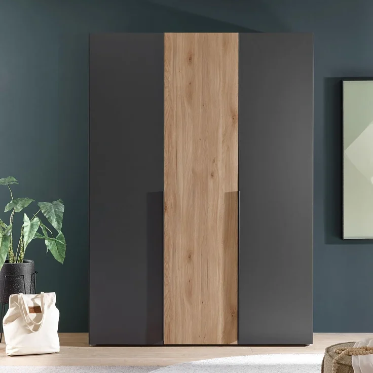 Stella Trading ASKA Kleiderschrank in Graphit, Mauvella Eiche Optik - Vielseitiger Drehtürenschrank 3-türig für Ihr Schlafzimmer - 150 x 210 x 53 cm (B/H/T) – Bild 5