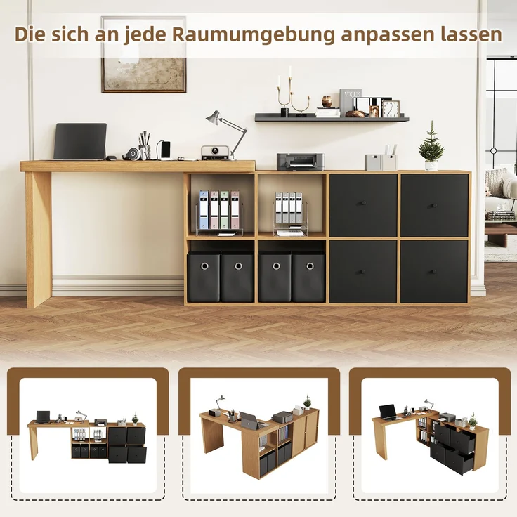 ZUBALIYA drehbarer L-förmiger Eckschreibtisch, 360° schwenkbare Tischplatte, L-förmig oder gerade aufstellbar, 4 Schubladen, 4 offene Fächer, H 78 × B 120 × T 48 cm, Schwarz / Eiche – Bild 4