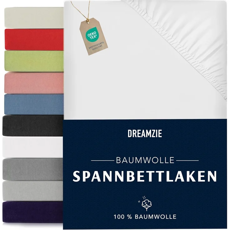 Dreamzie - Spannbettlaken 180x200 cm - Baumwolle Oeko Tex Zertifiziert - Weiß - 100% Jersey Spannbettlaken 180x200 cm Baumwolle – Bild 1