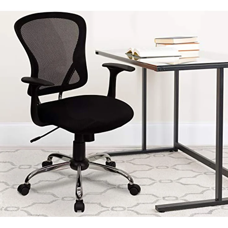 Flash Furniture Arbeitsstuhl, mittelhohe Rückenlehne, Netzmaterial, drehbar, mit Chrombasis und Armlehnen, schwarz, 74 x 61 x 28 cm – Bild 3