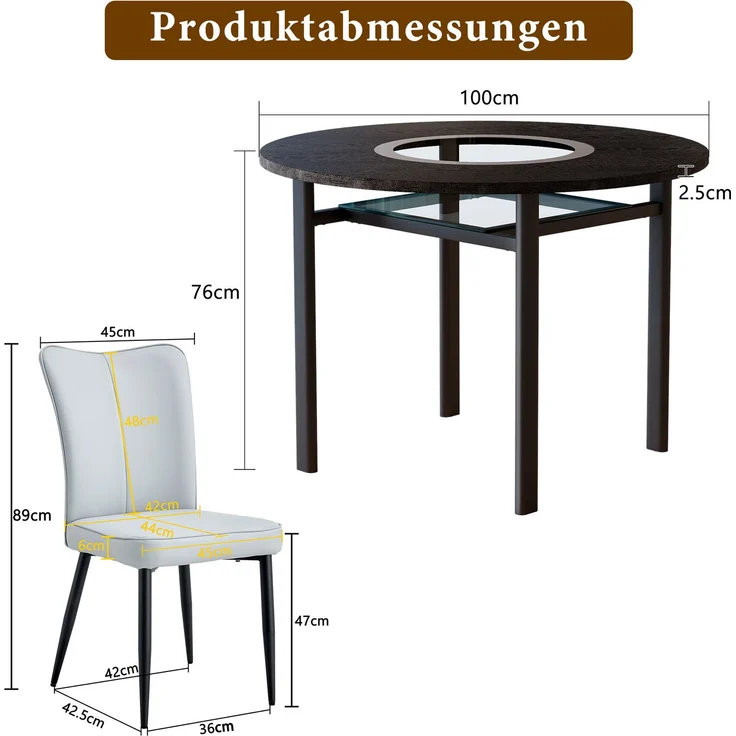Esstisch-Set 76x100x100 cm in Schwarz mit Glasintarsie und 2 Essstühlen in Hellgrau – Bild 5