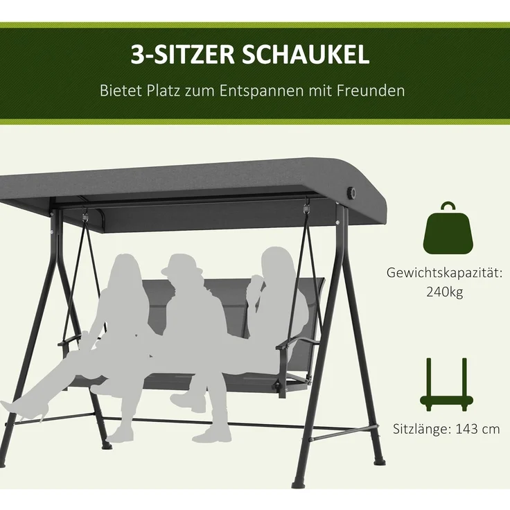 Outsunny Hollywoodschaukel Gartenschaukel mit Verstellbarem Dach, mit Armlehne, 3-Sitzer, Verstellbares Dach, Relaxstuhl, 1 tlg, Schaukelstuhl, für Garten, Balkon, Dunkelgrau – Bild 3