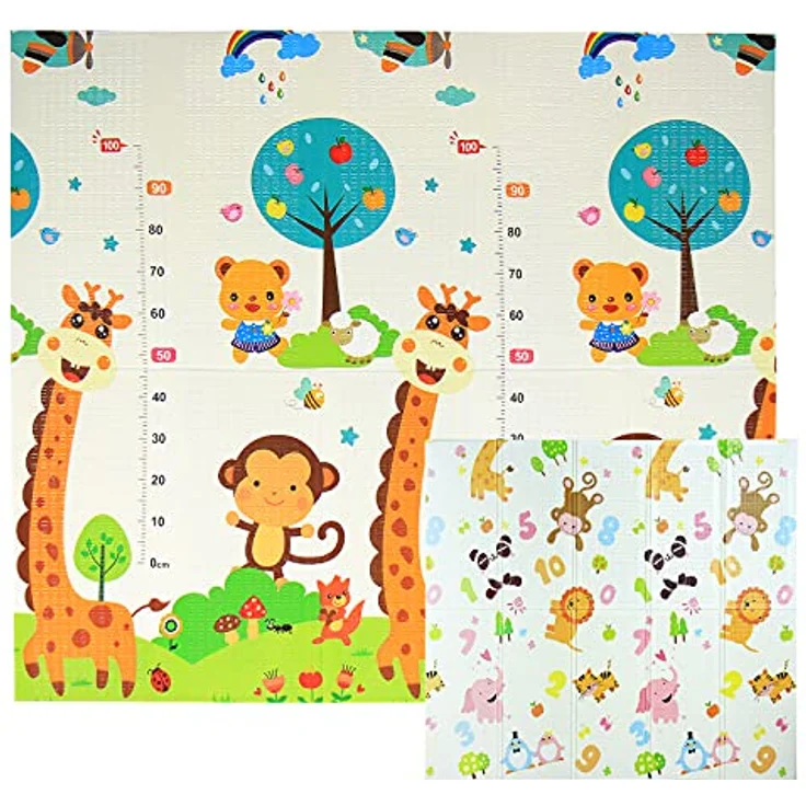 Krabbelmatte Spielmatte Baby Schadstofffrei 198 x 178 x 1 cm Faltbar Spielunterlage Spielteppich Groß Rutschfest Beidseitig Tragbar Wasserdicht für Innen Außen Bunt - Zahlen & Tiere - 5A – Bild 2