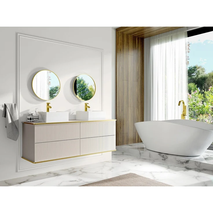Vente-unique - Waschbeckenunterschrank hängend mit Rillendekor und Goldborte, 4 Schubladen - Beige - 150 cm KELIZA – Bild 2