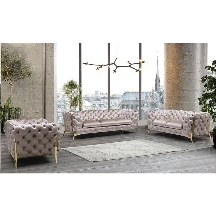 S-Style Möbel Polstergarnitur Ashley 3+2+1, Chesterfield mit Goldenen Metall Füßen, (1x 3-Sitzer-Sofa, 1x 2-Sitzer-Sofa, 1x Sessel), mit Wellenfederung