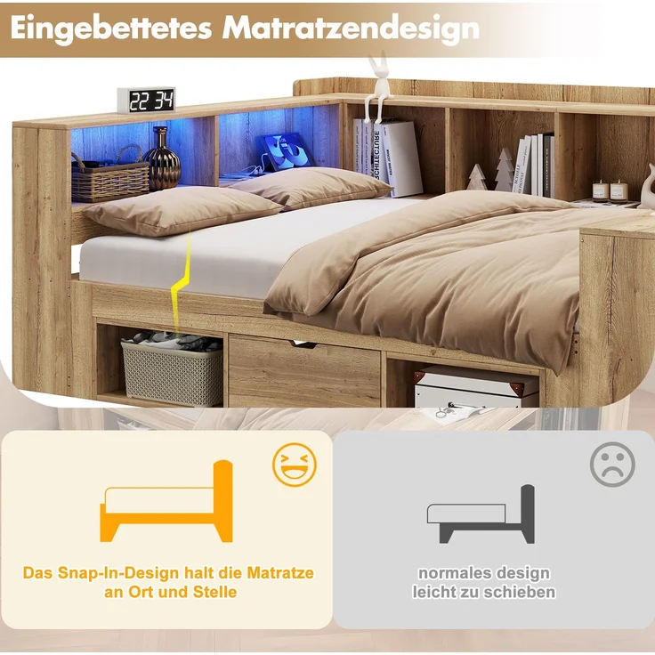 Merax Kinderbett, 140x200 cm Daybett, Tagesbett, Stauraumbett mit LED-Beleuchtung, USB Ladeanschlüsse und Schreibtisch, mit Regale & Schubladen, Naturfarbe – Bild 8