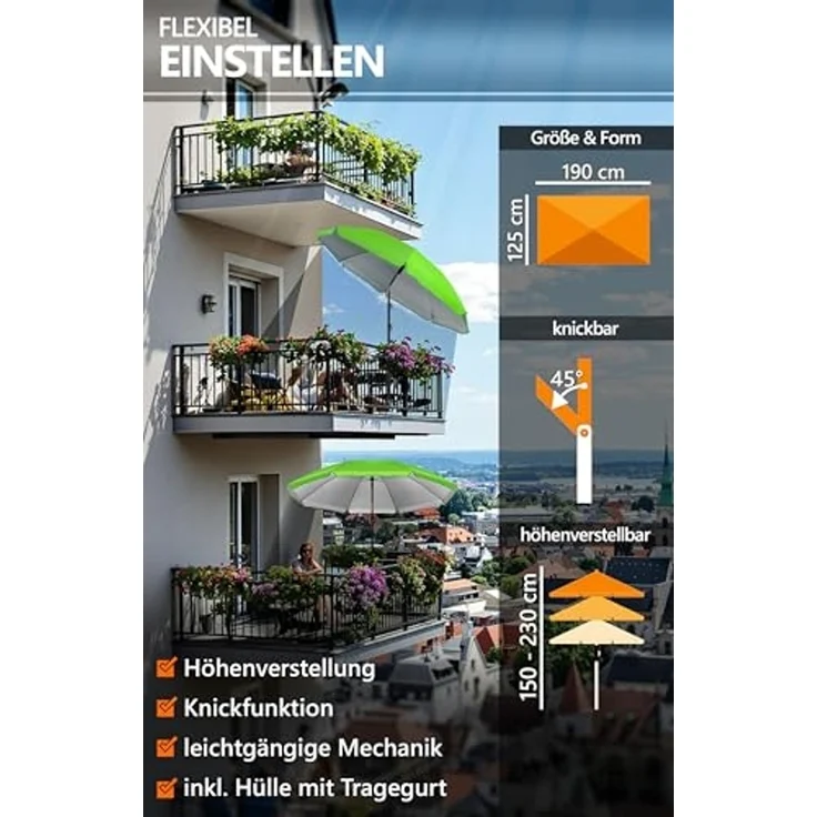 4smile Sonnenschirm Strand SunnyJoy im 3er-Set - UPF 50+ Balkon Schirm 180 cm + Sonnenschirmständer befüllbar + Sonnenschirmhülle - Sonnenschutz Balkon, Gartenschirm, Grün – Bild 6