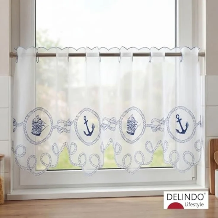 Delindo Lifestyle Scheibengardine ANKER SEGELSCHIFF (1 St), Stangendurchzug, transparent, Voile, HxB: 45x115, mit Stangendurchzug, für die Küche – Bild 2
