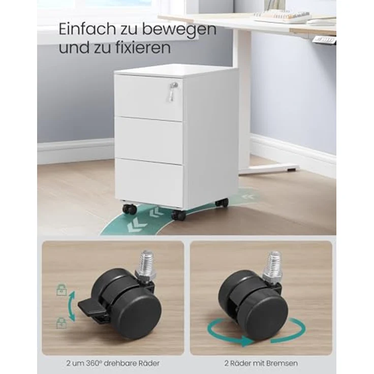 SONGMICS Schubladenschrank, Rollcontainer, mobiler Aktenschrank, Metallschrank, Druckertisch, abschließbar, 3 Schubladen, vormontiert, Büro, Homeoffice, 40 x 30 x 54 cm, mattweiß OFC079W01 – Bild 7