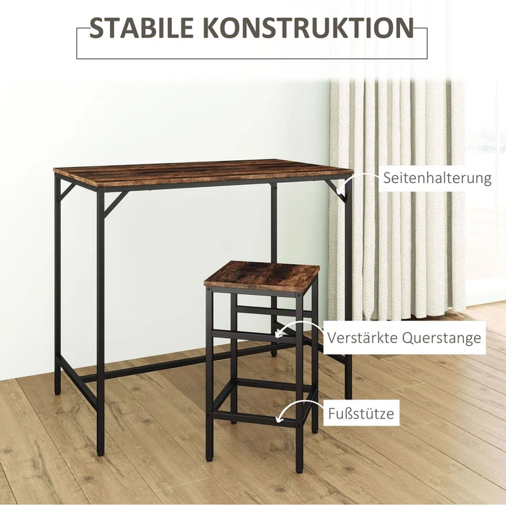 Bartisch-Set 100 x 60 x 88 cm mit 4 Barhockern – platzsparend, Braun und Schwarz – Bild 7