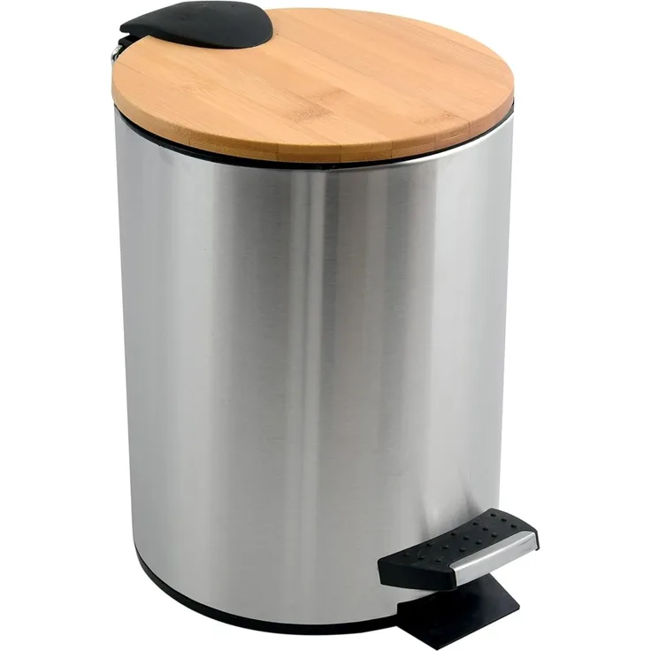 Spirella Kosmetikeimer 3 Liter Edelstahl Bambus mit Absenkautomatik und Inneneimer Adonis Badezimmer Mülleimer Softclose Abfalleimer Silber