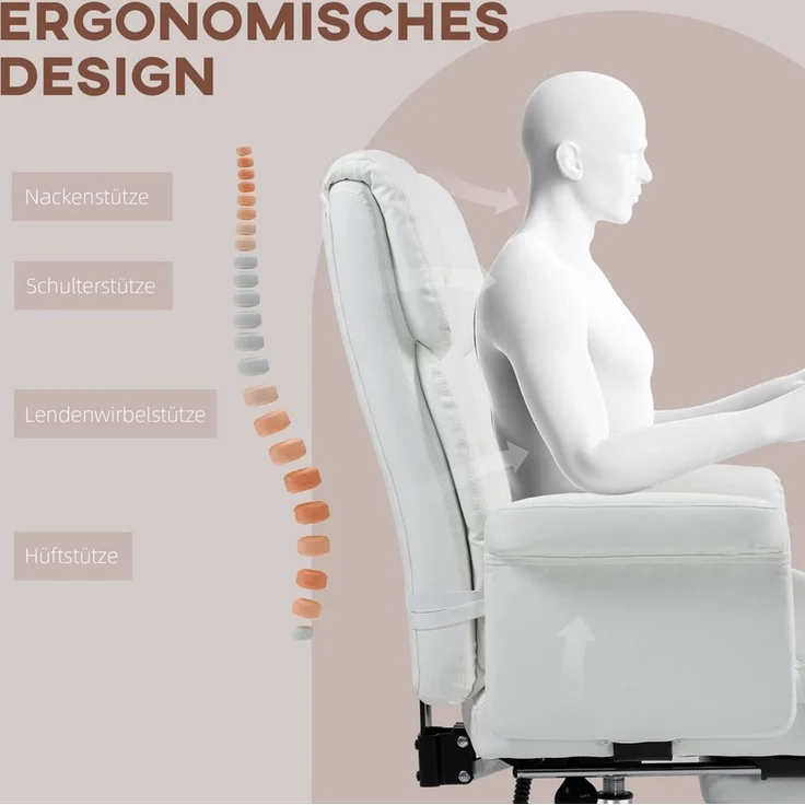 HOMCOM Schreibtischstuhl Ergonomisch Bürostuhl mit Liegefunktion, Lendenkissen (Computerstuhl, 1 St), für Home-Office, Kunstleder, Weiß – Bild 3