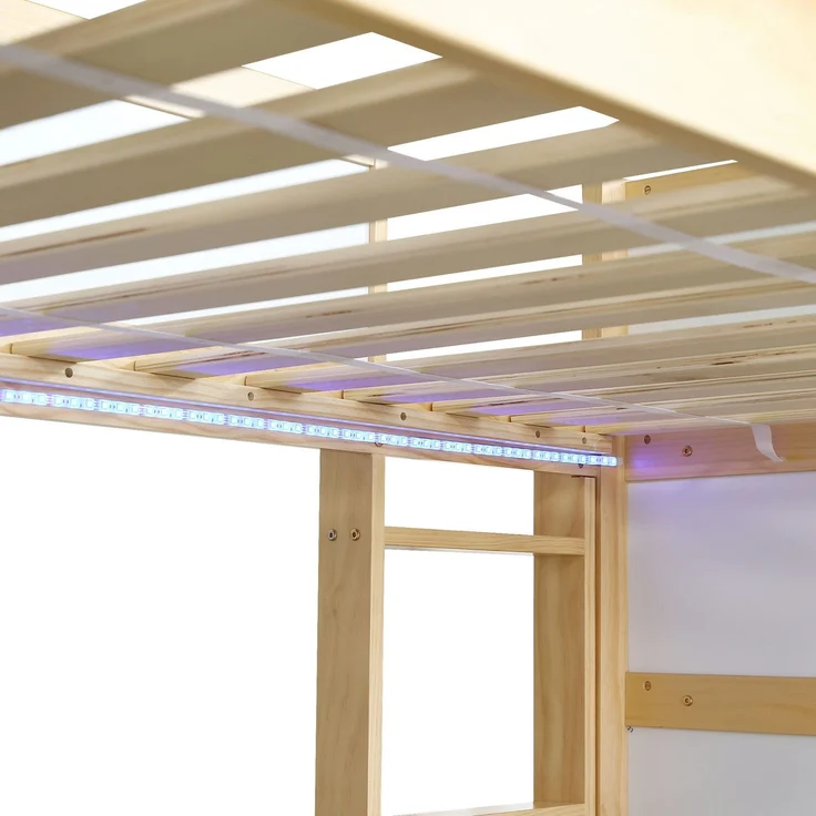 Hochbett mit RGB LED-Streifen, Regal, Rausfallschutz, Lattenrost und Trittleiter, 90x200 cm, Kinderbett, Kiefer – Bild 10