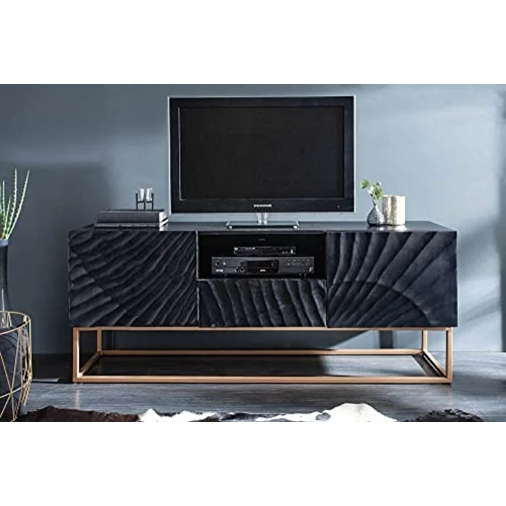riess-ambiente TV-Board SCORPION 160cm schwarz, Massivholz · Lowboard · Metall · Wohnzimmer · 3D Schnitzereien – Bild 4