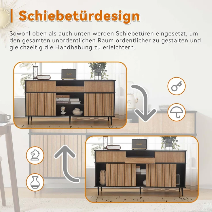 Schrank Eiche Natur und Schwarz, Sideboard mit Schiebetüren,verstellbare Regale,Sicherheits-Kippsicherung – Bild 8