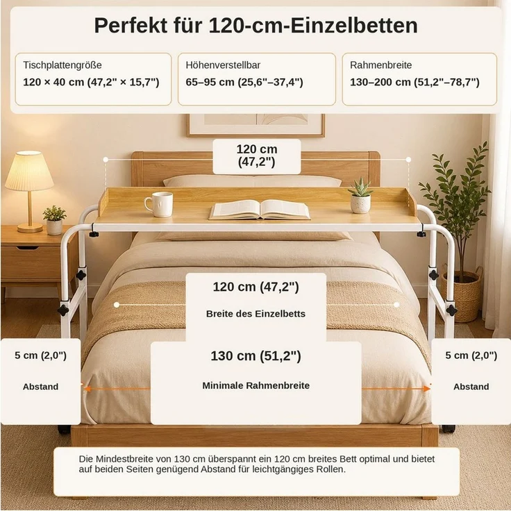 BlingBin Wangentisch Überbetttisch mobiler Betttisch Beistelltisch Laptoptisch mit 4 Rollen (1er Set, 1-St, 120-210 x 45 x 65-95 cm (L x B x H), Höhenverstellbar 65-95CM/Breitenverstellbar 120-210CM für Den Zuhause – Bild 3