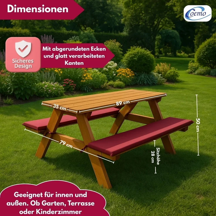 Coemo Kinder-Sitzgruppe Rotbraun Picknicktisch mit Polster Spieltisch Gartentisch Holz – Bild 5