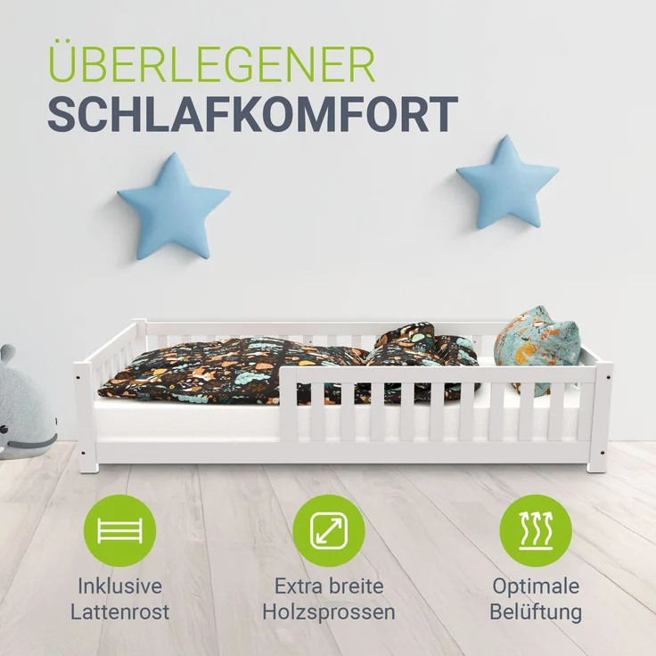 Juskys 'Naya' Kinderbett - mit Rausfallschutz & Lattenrost - Bodenbett für Kinder 3 -10 Jahre - modern, Holz Weiß, 90x200 cm – Bild 1