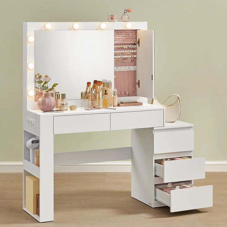 VASAGLE Schminktisch mit LED-Beleuchtung, mit Spiegel, Steckdosenleiste, mit Schubladen, modern, wolkenweiß, 40 x 125 x 140 cm