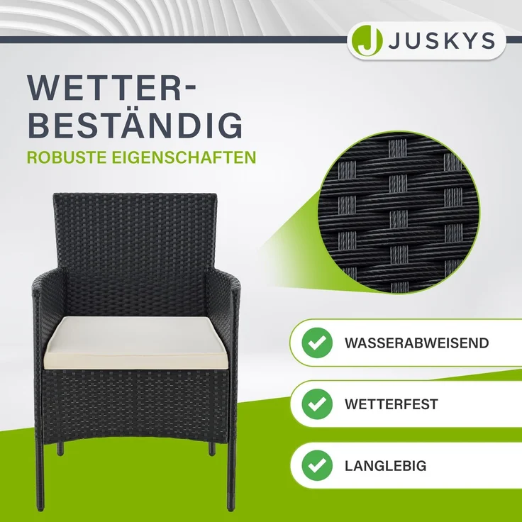 Juskys 'Fort Myers' Gartenmöbel Set mit Tisch, Sofa & 2 Stühlen, Polyrattan, 60x35 cm, Schwarz / Creme – Bild 3