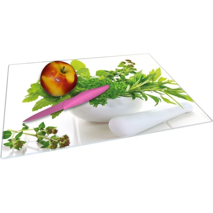 Wallario Schneidebrett Welt der Kräuter - verschiedene Kräuter in einem weißen Mörser, ESG-Sicherheitsglas, (inkl. rutschfester Gummifüße 4mm, 1-St), 30x40 cm – Bild 1