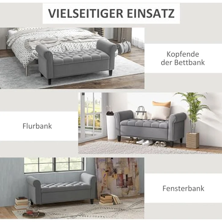 HOMCOM Polsterbank Flurbank, mit Stauraum, in Samtoptik, 126 x 48,5 x 47 cm (Bettbank, 1-St, Sitzbank), für Schlafzimmer, Grau – Bild 8