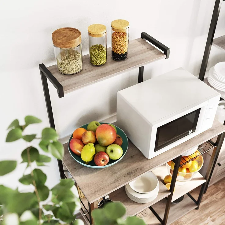 Vasagle Küchenregal, Standregal mit Metallkorb, Bäckerregal mit 6 S-Haken und Regalablagen, Mikrowellenregal, Gewürzregal, für Töpfe und Pfannen, Industrie-Design, Greige-schwarz von Songmics KKS035B02 – Bild 3