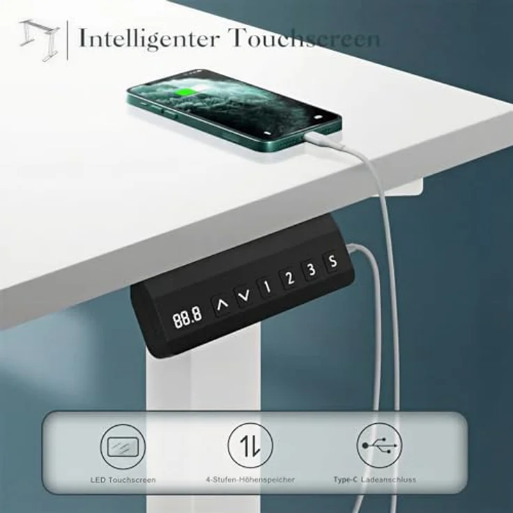 JUMMICO Dual-Motor Tischgestell Höhenverstellbar mit USB-Buchse und Kabelwanne, Elektrisch Höhenverstellbarer Schreibtisch Gestell mit Sitz-Steh-Erinnerungs und Rollen（Weiß） – Bild 5