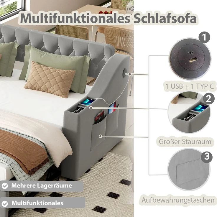 Schlafsofa Samt mit Staufächern & USB-C, 90/180x190 cm grau – Ausziehbares Kingsize Bett, hydraulisch, Sofabett – Bild 4