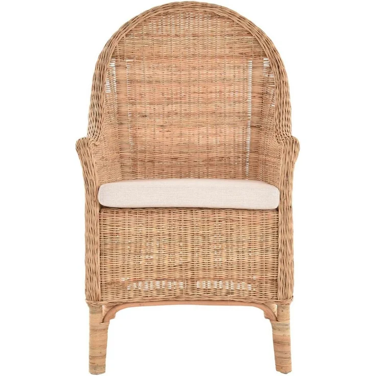 Krines Home Esszimmersessel Korbstuhl mit hoher Rückenlehne und Armlehne Armlehnstuhl Natur Rattan, Sessel gerader Rücken mit Kissen – Bild 1