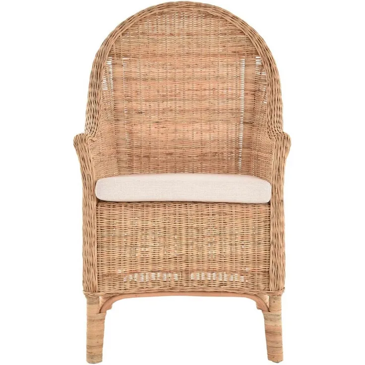 Krines Home Esszimmersessel Korbstuhl mit hoher Rückenlehne und Armlehne Armlehnstuhl Natur Rattan, Sessel gerader Rücken mit Kissen