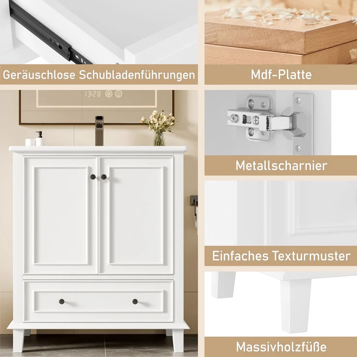 Badezimmerschrank 76 x 46 x 87 cm mit Keramikbecken, viel Stauraum & Massivholzbeinen – Moderner Waschtischschrank,Weiß – Bild 7