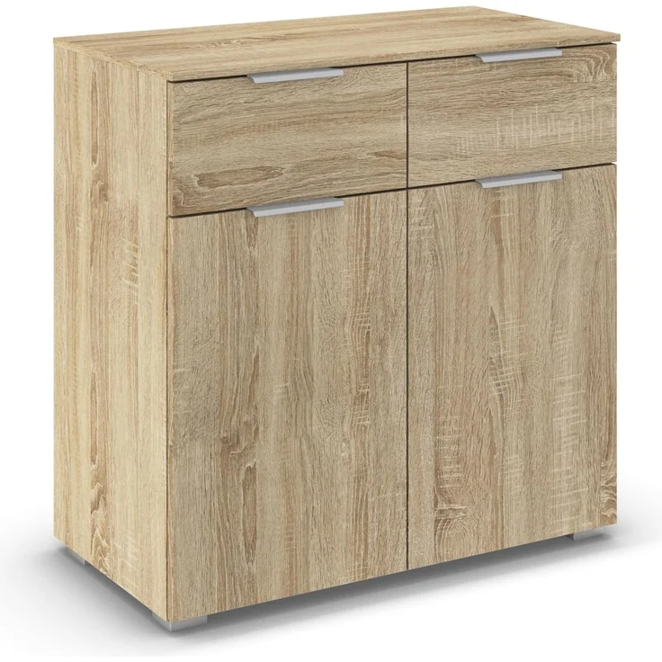 Rauch Möbel Alabama, Kommode für Schlafzimmer, Kinderzimmer, Garderobe, Flur, 2-türig, mit 2 Schubladen, Soft-Close-Funktion, Farbe Eiche Sonoma, Holz, Griff Alufarben, Maße 80 x 81 x 42 cm