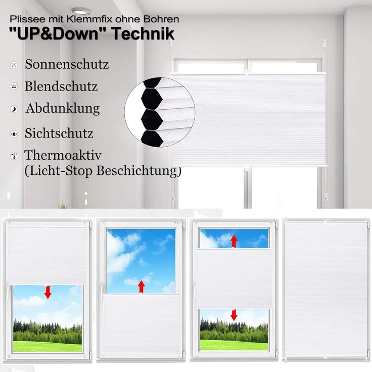 WOLTU Wabenplissee ohne Bohren Verdunklung Thermo Doppelplissee Klemmfix Zweifarbig 60x120 cm Weiß-Weiß, Plissee Faltrollo Sonnen-, Sicht- & Schallschutz, Jalousie Plisseerollo für Fenster & Tür – Bild 6