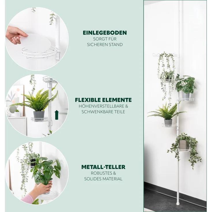 Teleskop-Blumenregal mit 4 Ablagen und Rankelhilfe, Blumentreppe höhenverstellbar von 140 bis 290 cm, weiß – Bild 4