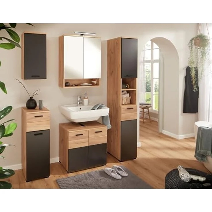 Waschbeckenunterschrank >Riom< in Eiche Artisan-Schwarz matt - 60x55x37 (BxHxT) – Bild 7