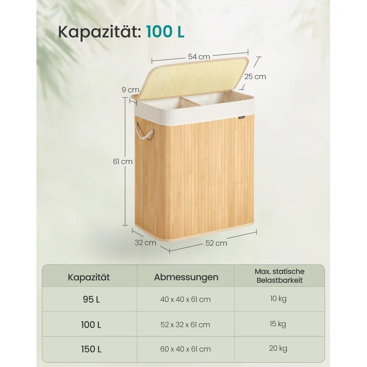 SONGMICS Wäschekorb 2 Fächer, 100 L Wäschesammler mit Deckel, Wäschebox Bambus, mit Griffen, faltbar, Wäschesack herausnehmbar maschinenwaschbar, Waschküche, braun, Naturfarben – Bild 5