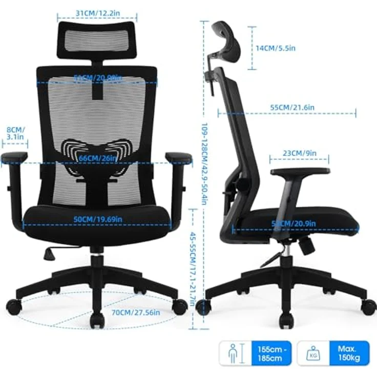 Daccormax Bürostuhl Ergonomisch, Schreibtischstuhl mit Verstellbarer Kopfstütze, Armlehnen, Lendenwirbelstütze, Drehstuhl Wippfunktion bis 135°, Chefsessel aus Mesh,Rückenschonend, Bürostuhl 150kg – Bild 4